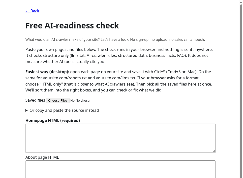 Citeopus free AI-readiness check: Save pages with Ctrl+S, then choose the saved files here.